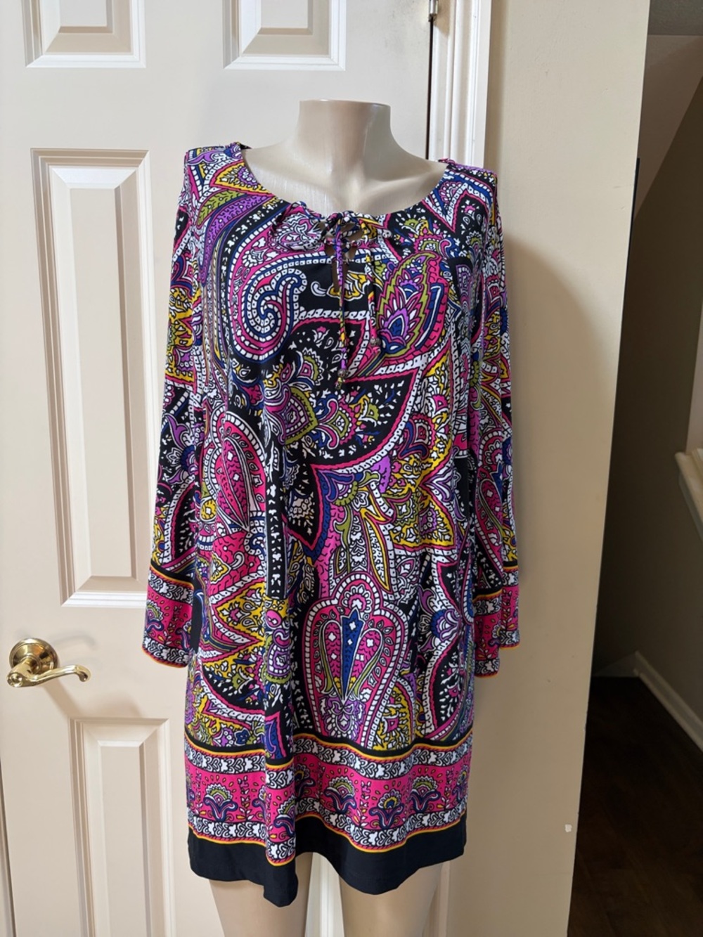 Susan Graver Multicolor Paisley Tie-Neck Tunic in Pink, Navy & Yellow, 2X